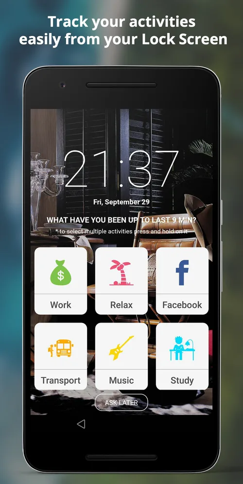 SelfM on the lock screen asking “What have you been up to last 9 min?” with activity tiles