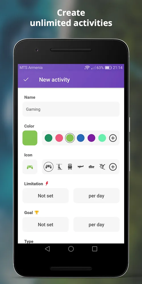 Creating a new activity in SelfM with colour, icon, limit and goal